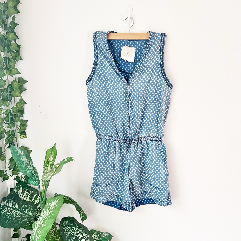 Hei Hei Anthropologie Romper Blue Polka Dot Linen Sleeveless Button Front Small - Picture 2 of 8